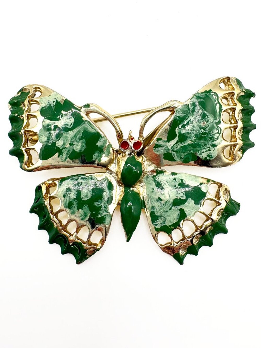 Vintage Green Enamel Butterfly Brooch With Red Enamel Eyes
